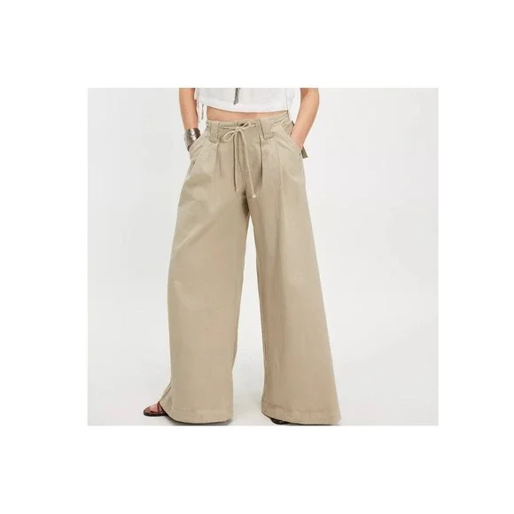 Free People Julien Wide-Leg Chino Trousers Pants Pleated Cotton XL NEW 282589 - Picture 2 of 9